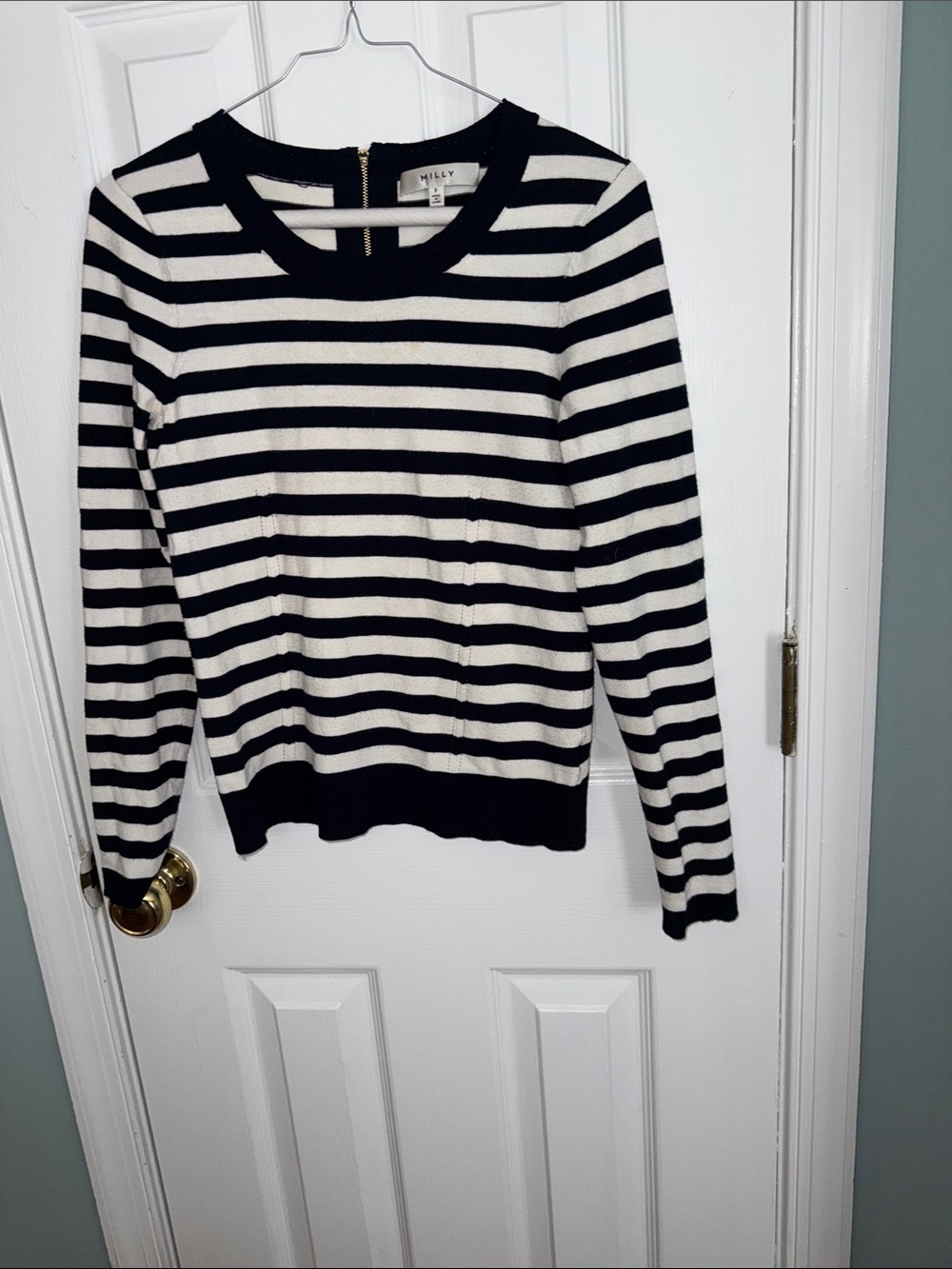 Milly Navy and White Striped Crewneck Sweater